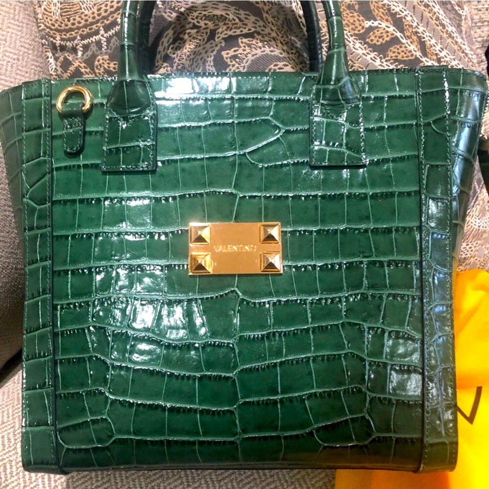 Brand New, Hunter Green Valentino Tote Bag with Gold Colored Accents, 14 x 13